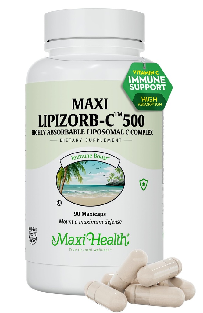 Maxi Health Liposomal Vitamin C 500 mg Capsules with Digestive Mix, Highly Absorbable High Dose VitaminC, Non GMO Kosher Vegetarian Doctor-Formated Immune Support Supplement (90 Count)