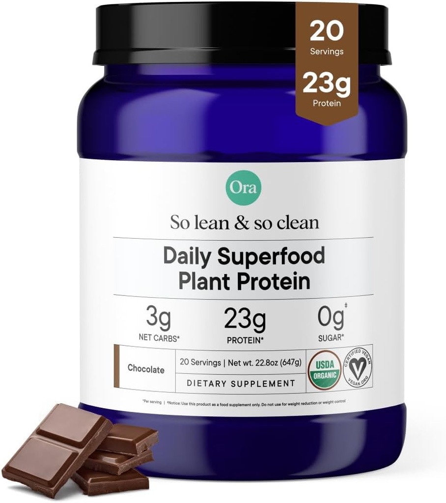 Ora Organic Vegan Protein Powder - 23g Πρωτεΐνη φυτού για γυναίκες και άνδρες - Σοκολάτα Γεύση 20 Μερίδες, Bloat-Free, Χωρίς γλουτένη, Μη ΓΤΟ, Χωρίς Τεχνητά γλυκαντικά