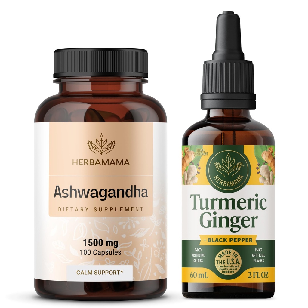 HERBAMAMA Ashwagandha και Turmeric Ginger Kit - Bundle των 1500 mg Ashwagandha Root Κάψουλες & Turmeric Ginger Βάμμα 2 fl oz - Vegan, Μη-GMO, Ζάχαρη & Αλκοόλ- Δωρεάν - 2 Συσκευασία