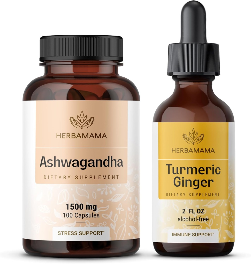 HERBAMAMA Ashwagandha και Turmeric Ginger Kit - Bundle των 1500 mg Ashwagandha Root Κάψουλες & Turmeric Ginger Βάμμα 2 fl oz - Vegan, Μη-GMO, Ζάχαρη & Αλκοόλ- Δωρεάν - 2 Συσκευασία