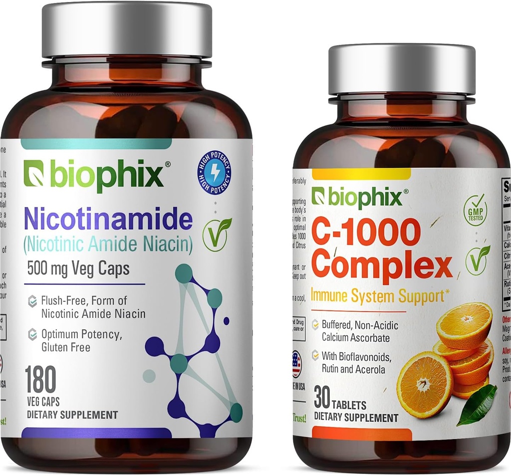 Biophix B-3 Nicotinamid 500 mg 180 Vcaps - Free Vitamin C-1000 30 Tablet - Nicotinic Amide Niacin Natural Flush-Free Vitamin Formula - Supports Skin Cell Health