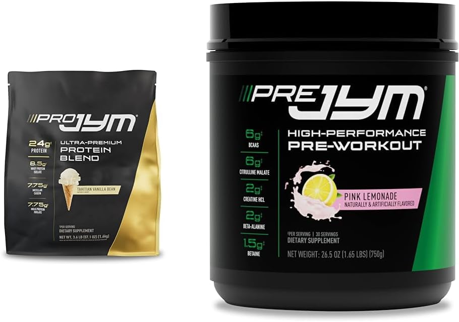 PRO JYM 45 Tahitian Vanilla + PRE JYM 30 Pink Lemonade Pre-Workout Toz Log