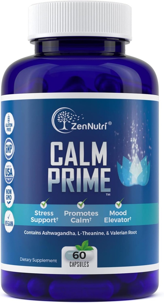 Calm Prime Stress Relief Supplement Non-Drowsy | Mood Support Supplement | Mood Boost | Vegan Daytime Stress Supplements Calm Aid | Stres Vitaminleri - Ashwagandha, Valerian Root - 60 Count