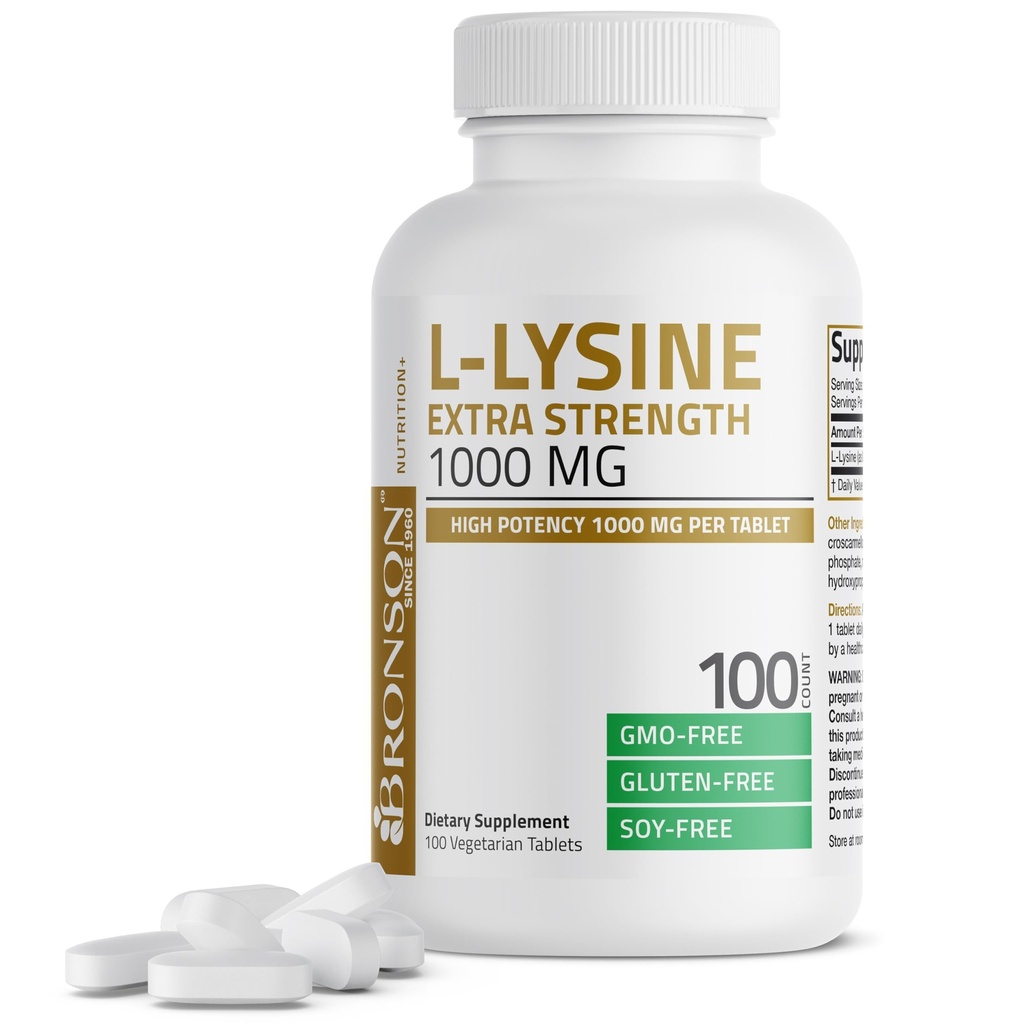 Bronson L- Lysine Extra Strength 1000 MG ανά Tablet Υψηλή Ικανότητα, Ανοσολογική Υποστήριξη & Υποστηρίζει Σύνθεση Κολλαγόνου, Μη- ΓΤΟ, 100 χορτοφαγικά δισκία