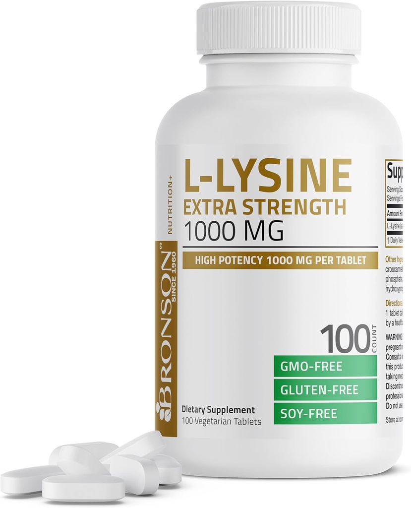 Bronson L-Lysine Ekstra Kuvvet 1000 MG Tablet Yüksek Potency, Immune Support & Supports Collagen Synthesis, Non-GMO, 100 Vegetarian Tabletler