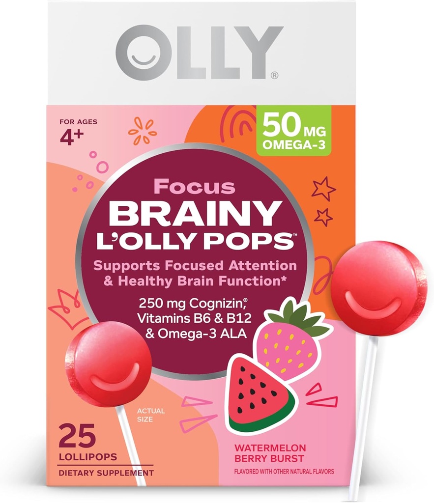 OLLY Focus Buddies L’OLLY Pops, Cognizin, Βιταμίνες B6 και B12, Omega-3 ALA, Υποστηρίζει εστιασμένη προσοχή και υγιή λειτουργία του εγκεφάλου,* Παιδιά 4+ συμπλήρωμα διατροφής, Καρπούζι Φράουλα Γεύση, 25 κόμης