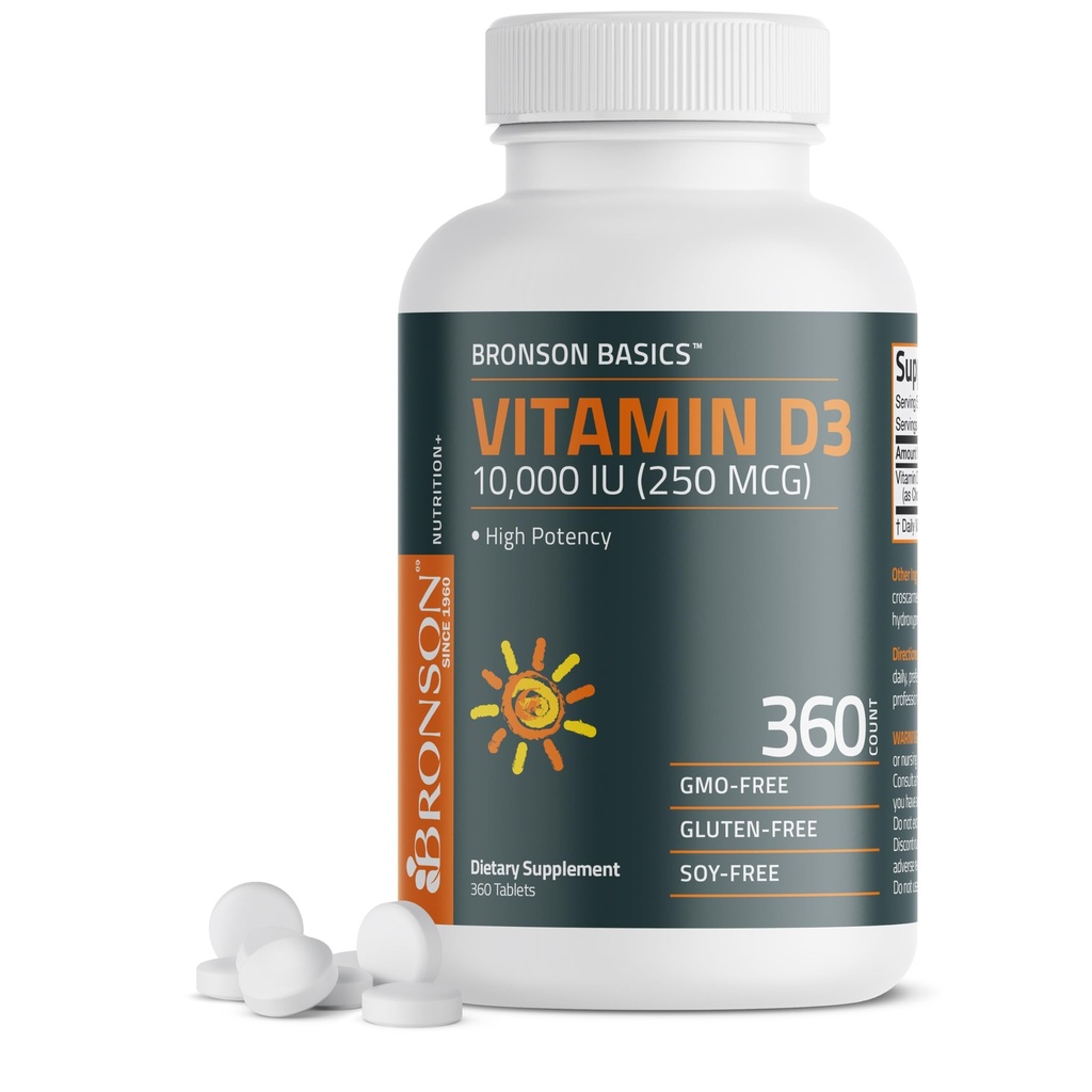 Bronson Vitamin D3 10.000iu (250mcg) 1 Yıl Sağlıklı Kas Fonksiyonu ve Immune Support, Non-GMO, 360 Tabletler