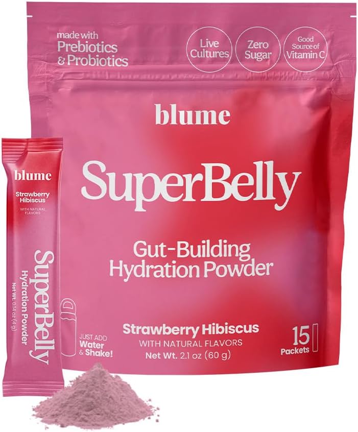 Blume New SuperBelly Gut Health and On-The-Go Hydration Packets, Sugar-free, με προβιοτικά, προβιοτικά, μηλίτη του μήλου, βιταμίνη C, και ηλεκτρολύτες, Φράουλα Hibiscus, 15 ραβδιά