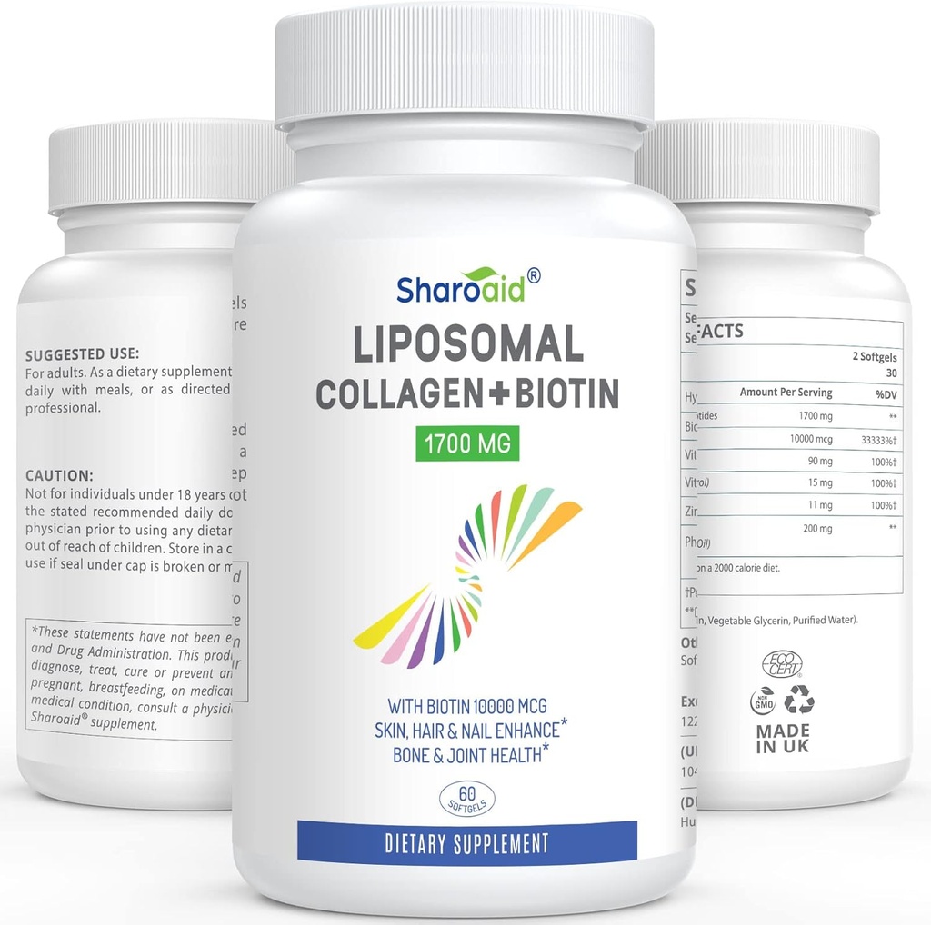 Liposomal Hydrolyzed Collagen, 1700 mg ve Biotin 1000006 Kadınlar,Erkekler, Yüksek Aborpsiyon,Vitamin E,C ve çinko Capsules for Skin,Hair growth,Joint and Nails,60 Softgels