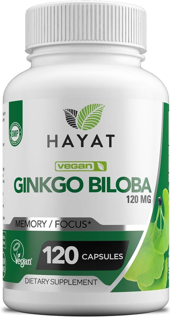 HAYAT Vitaminleri Vegan G Biloba - Servis başına Ekstra Güçlü 500 MG, Beyin Fonksiyonlar ve Memory Support, Sertifikalı Halal, 120 Capsules, ABD'de Yapılan ABD