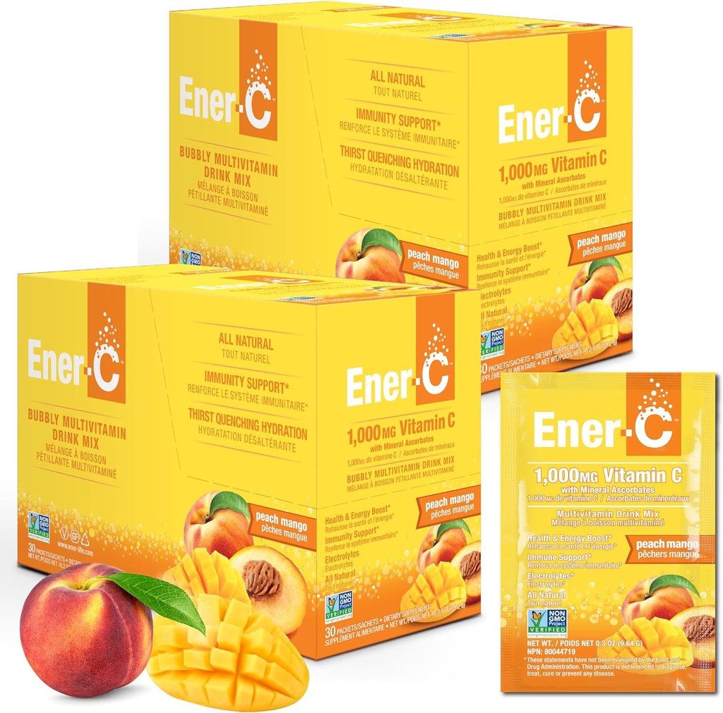 Ener-C Multivitamin İç Mix - Su için Vitamin Paketleri, Elektrolytes Toz Paketleri, Vitamin İç Mix, Hydration Liquid Mix, Immune Branson for Yetişkinler, Sağlıklı Enerji - Peach, 60 Countets