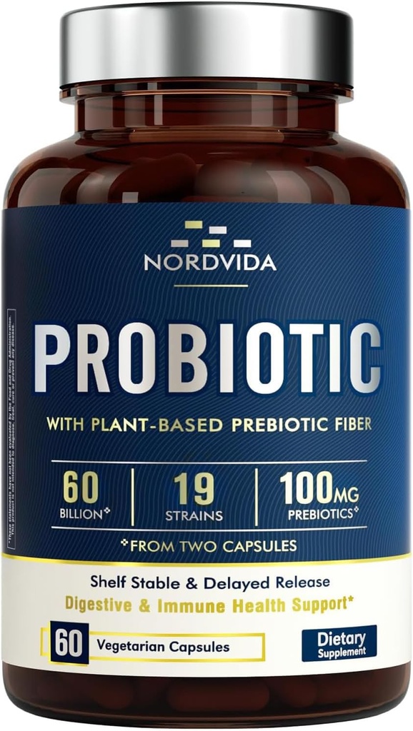 Probiotic 60 Billion 19 Strains with Organic Prebiotic for Men & Women, Digestive & Immune Health, Shelf Stable Delayed Release, Non-GMO No Dairy, 60 Vegan Caps