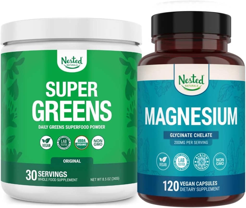Nested Naturals Super Greens Daily Greens Superfood Toz - sertifikalı USDA Organik Yeşil Toz (30 Hizmet) Magnezyum Glycinate Chelate (120 Capsules)