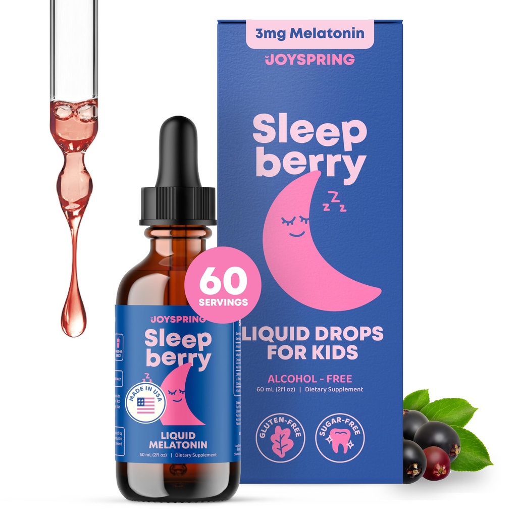 JoySpring Sleepberry Kids Melatonin 3 mg - L Theanine ile Sıvı Uyku Yardımı, Yüksek Apsiyon Berry Drops (2 fl oz) 60 Hizmet, Çocuk Melatonin D Çocuk Seyahat Essentials ile Melatonin