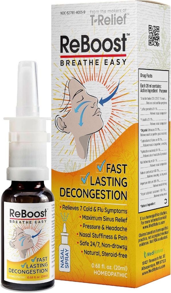 ReBoost Breathe Easy Decongestion Nasal Spray Fast-Acting Cold & Flu Symptom Relief Natural Homeopathic Malzemeler Calm Congestion, Headache & Sinus Baskısı - 0.68 oz