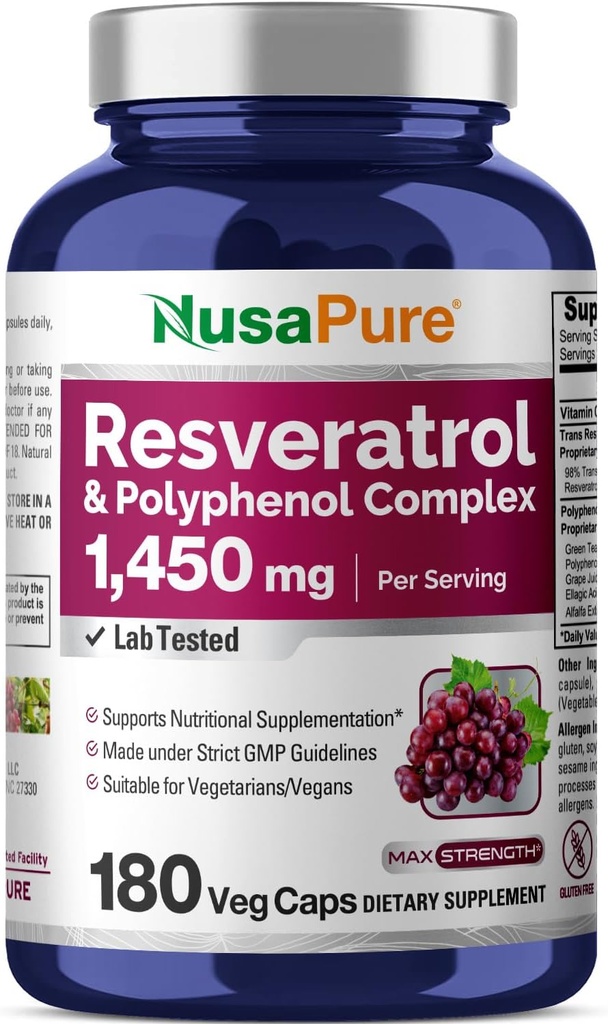 NusaPure Resveratrol & Polyfen 1450 mg 180 Vejetaryen Caps (Non-GMO, Vegan) C vitamini