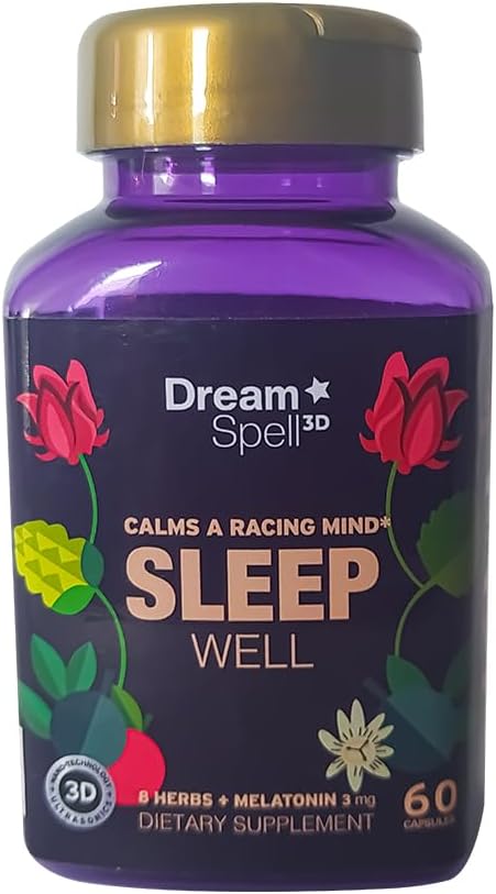 Dream Spell 3D Natural-Based Sleep Aid - Soothes an Alert Mind, No Next-Day Grogginess- Drug-Free Yenilikçi Formula 3Mg Melatonin, GABA, Hops - Restful Nights, Renoed Mornings - 60 Capsules