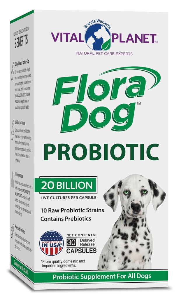 Vital Planet - Flora Dog Probiotic Capsals Συμπλήρωμα με 20 Billion Cultures και 10 Strains, High Potency Immune and Digestive Υποστήριξη Προβιοτικών για Σκύλους, 30 Καψάκια Καθυστερημένης Απελευθέρωσης