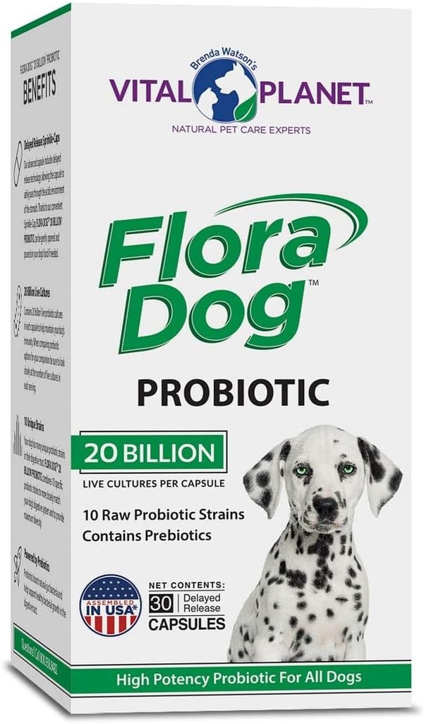 Vital Planet - Flora Dog Probiotic Capsules Supplement with 20 Billion Cultures and 10 Strains, High Potency Immune and Digestive Support Probiotics for Dogs, 30 Delayed Release Capsules