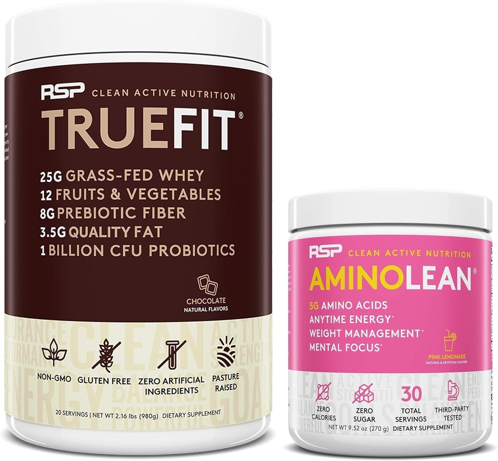 RSP NUTRITION AminoLean Pre Workout Energy (Pink Lemonade 30 Hizmet) TrueFit Protein Toz (Chocolate 2 LB) ile
