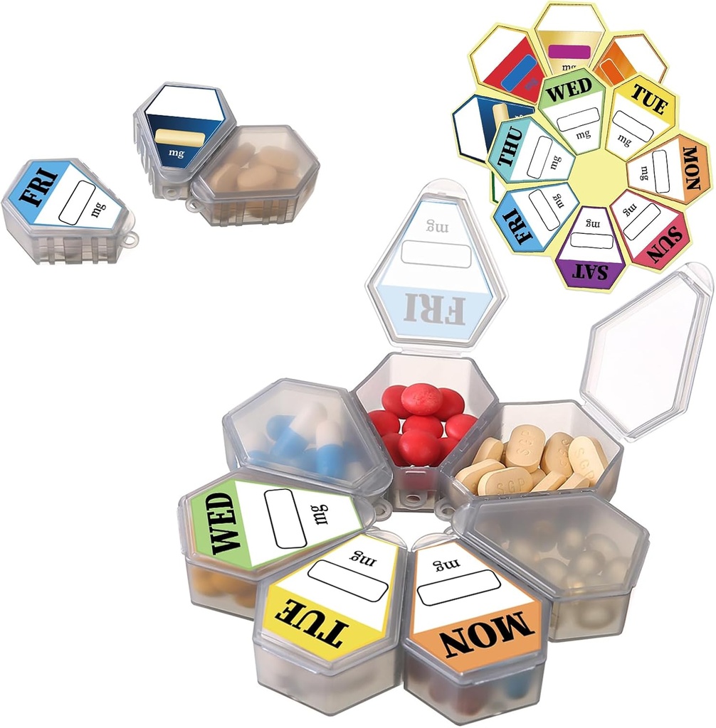 7-σε-1 Travel Pill Organizer Set - Συναρμολογήστε σε μεγάλο κουτί κυκλικών χαπιών ή χρησιμοποιήστε ξεχωριστά - Περιλαμβάνει 7 μικρά κουτιά χαπιών (1Pack Gray με 14 αυτοκόλλητα ετικέτας)