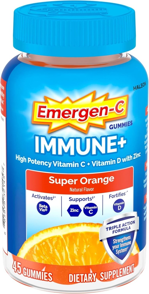 Emergen-C Immune+ Triple Action Immune Support Gummies, BetaVia (R), 1000 mg C, B Vitaminleri, Vitamin D ve Antioksis, Super Orange, Back to School Essentials - 45 Count