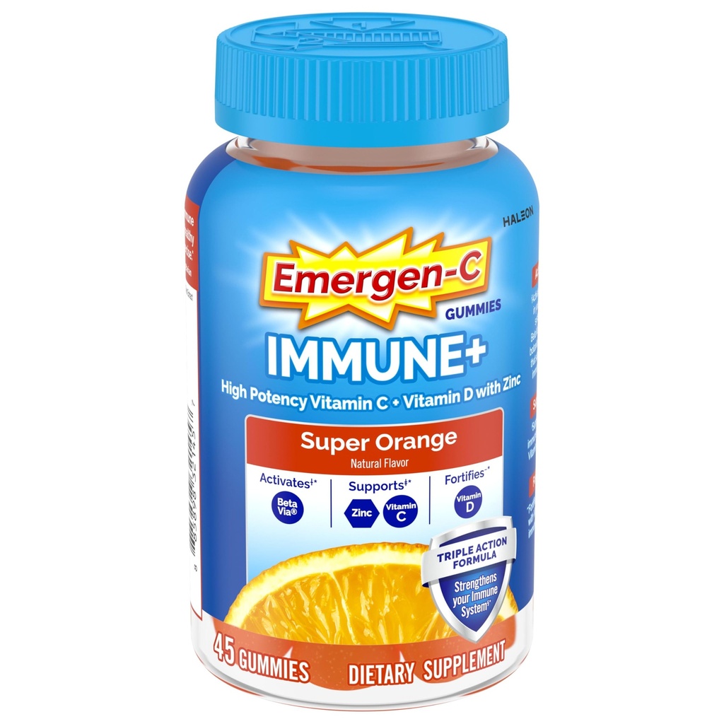 Emergen-C Immune+ Triple Action Immune Support Gummies, BetaVia (R), 1000 mg C, B Vitaminleri, Vitamin D ve Antioksis, Super Orange, Back to School Essentials - 45 Count