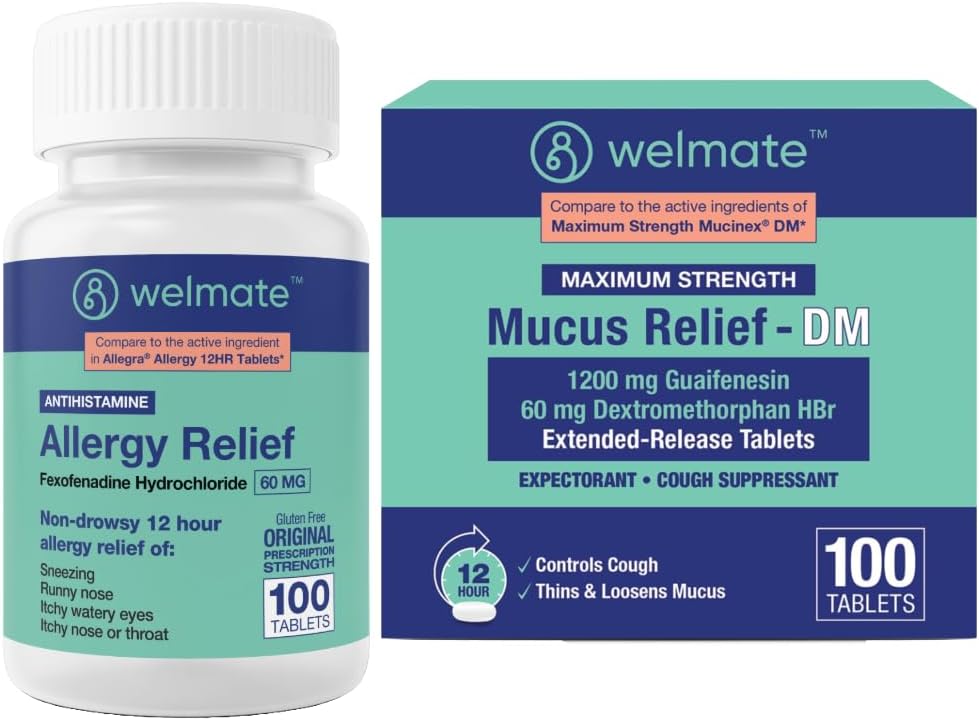 WELMATE Total Respiratory Health Sche: Alerji Yardımı Fexofenadine HCl 60 mg (100 Ct) 12 Saat Anti-Drowsy Antihist + Maksimum Güçlü Mucus Relief DM 1200 mg Guaifenesin & 60mg DXM (100 Ct)