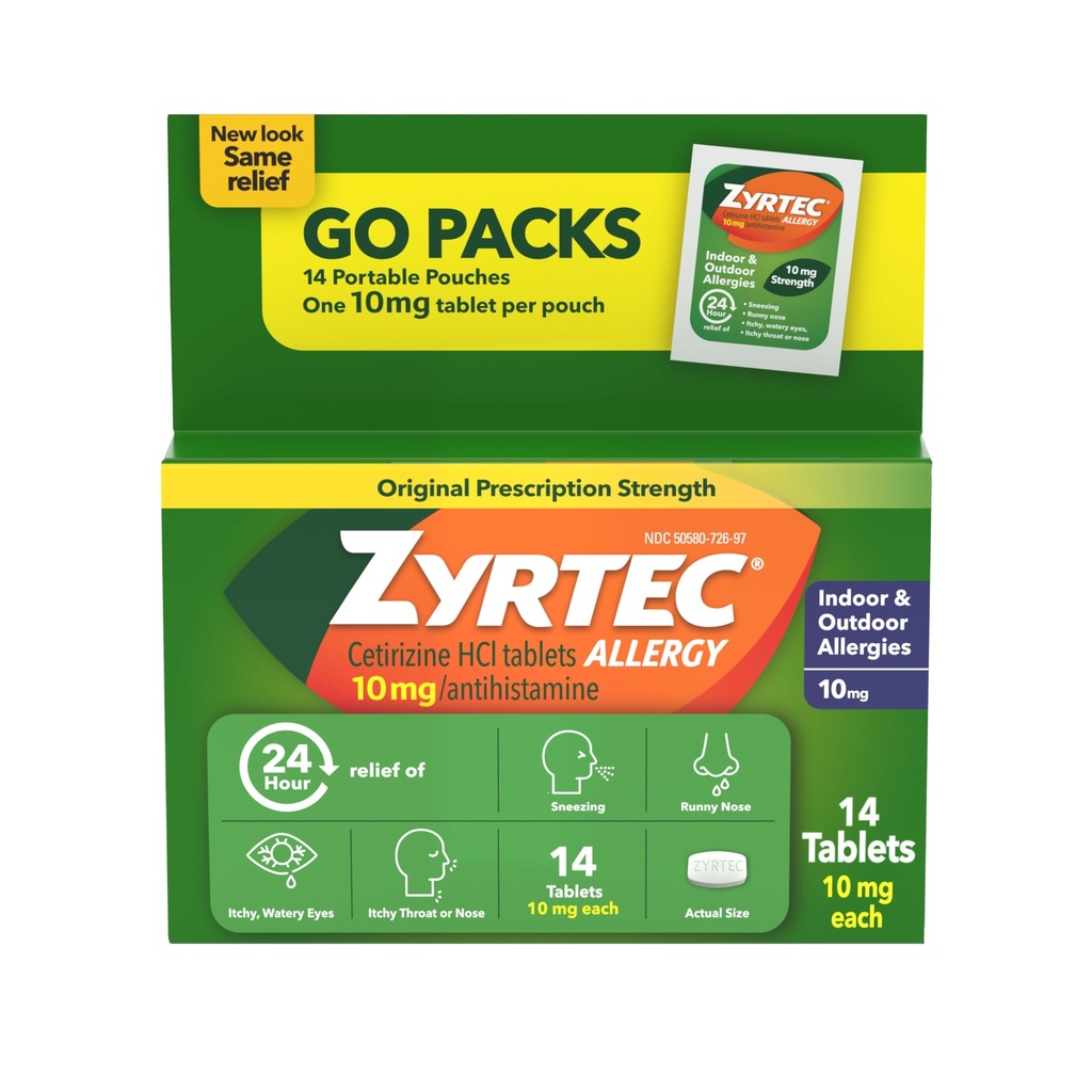 Zyrtec 24 ώρες Alergy Relief Tablets, Antihistamine Indoor & Outdoor Anti Allergy Medicine + Cetirizine HCl, Relief from Runny Nose, Sneezing, & Ichy Eyes, Single Packs, 14 x 1 ct Packets