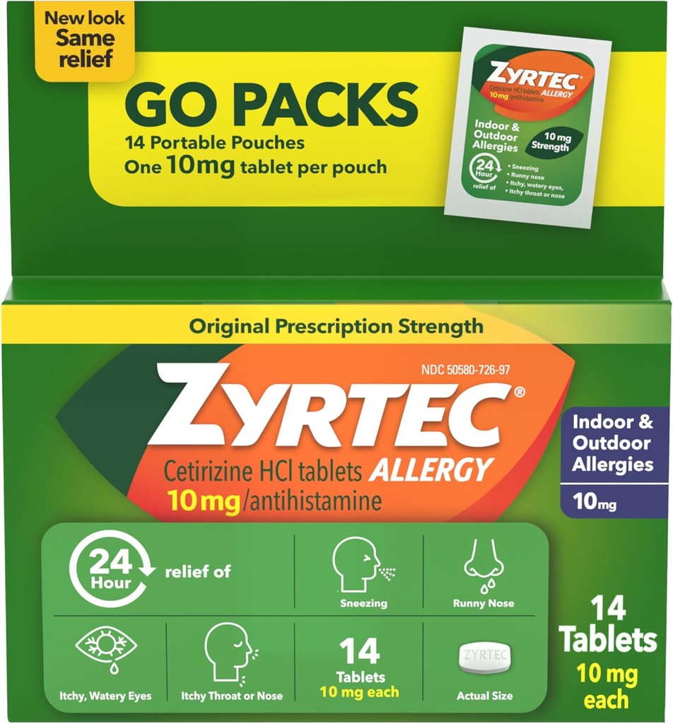 Zyrtec 24 Saat Antihistamin Kapalı & Açık Anti Alerji Tıp + Cetirizine HCl, Runny Nose, Sneezing, & Itchy Eyes, Single Packs, 14 x 1 ct Packets