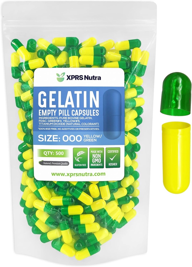 XPRS Nutra Boyutu 000 Boş Kapsüller - 500 Kont Boş Gelatin Capsules - DIY Supplement Capsule - Sağlam Renkli Gel Caps Pills (Green/Yellow)