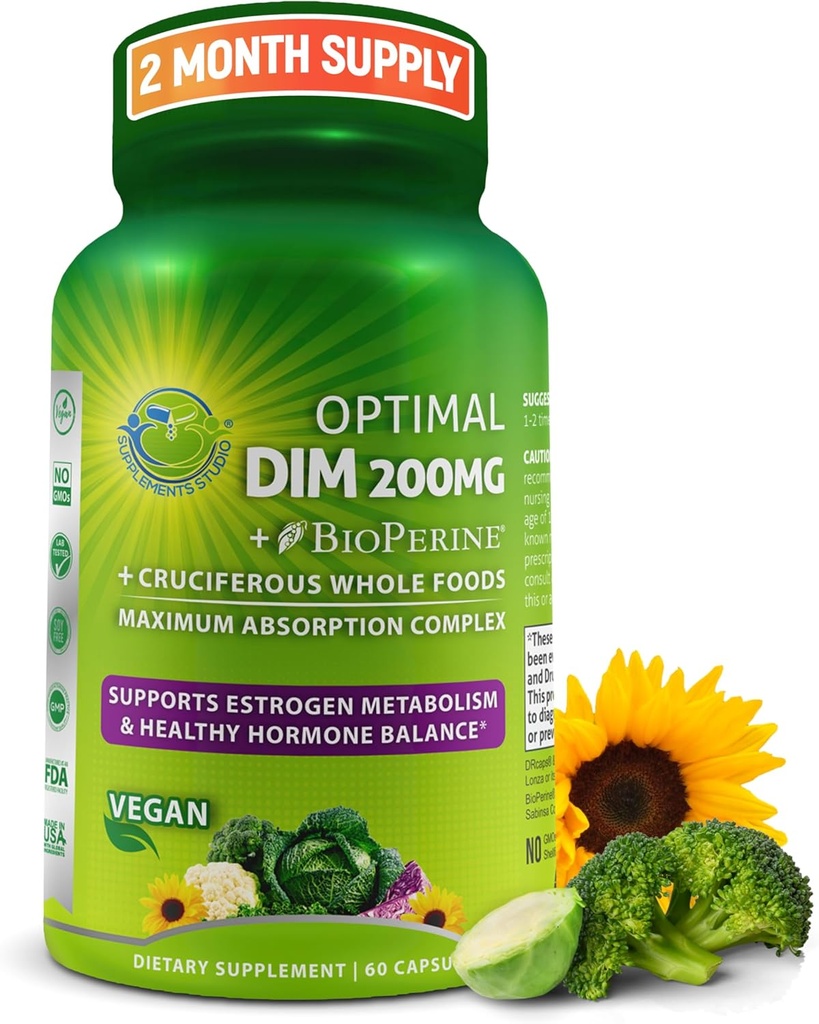 Kadınlar ve Erkekler için Optimal DIM 200 mg Supplement - Organik Bütün Gıdalar ile Made with Organic Whole Foods - Estrogen & Hormon Denge Desteği Diindolylmethane Kompleksi - En Az Apsiyon Gecikmiş-Release Capsules - 60 Count