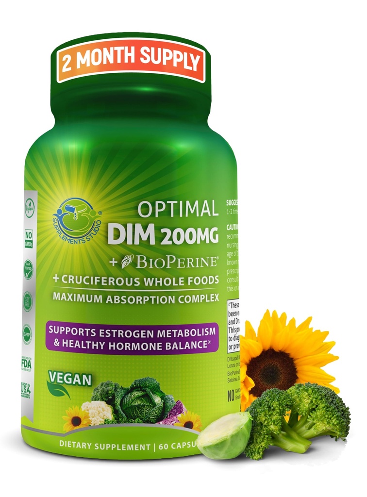 Kadınlar ve Erkekler için Optimal DIM 200 mg Supplement - Organik Bütün Gıdalar ile Made with Organic Whole Foods - Estrogen & Hormon Denge Desteği Diindolylmethane Kompleksi - En Az Apsiyon Gecikmiş-Release Capsules - 60 Count