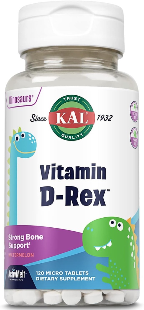 KALD Vitamin D-Rex, Çocuklar D vitamini, Doğal Sumelon Flavor Instant Dissolve Melts, Immune, Heart, Bone, and Oral Health Support, 120 Servisler, 120 Micro Tabletler