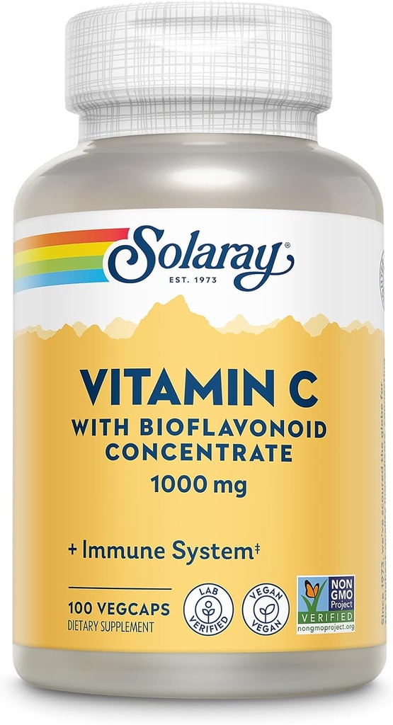 SOLARAY Βιταμίνη C 1000mg με Bioflavonoids Συμπυκνωμένο - Κάψουλες βιταμίνης C με Rose HIPS και Acerola Cherry - Αντιοξειδωτικό, Heart Health και ανοσοποιητικό συμπλήρωμα υποστήριξης, Vegan, Non-GMO, 100 Servings