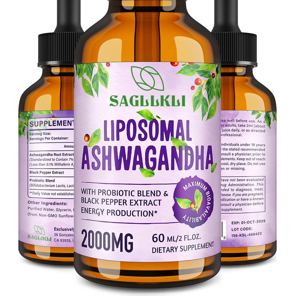 Liposomal Ashwagandha Liquid Drops 2000 mg, Ashwagandha Root Extract Supplement (% Withanolides) Black Pepper Extract & Probiyotiks for Focus, Cognition & Energy - 2 FL.OZ (1 Şişe)