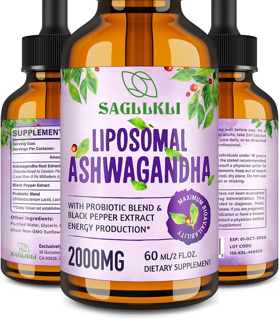 Liposomal Ashwagandha Liquid Drops 2000mg, Ashwagandha Root Extract Supplement (7% Withanolides) με Black Pepper Extract & Probiotics για Εστίαση, Γνώση & Ενέργεια - 2 FL.OZ (1 φιάλη)