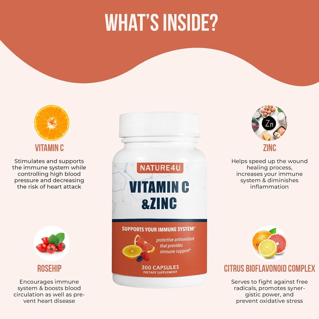 Çinko, Rose HIPS ve Citrus Bioflavonoids ile C 1000 mg, Immune Support Supplement Antioksis Protection, 300 Capsules