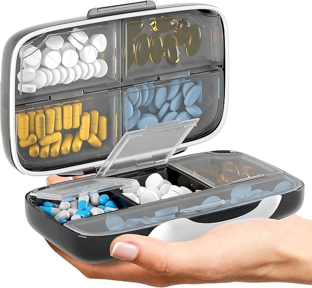 Seyahat Pill Organizer - Havaight Medicine Case for Traveling Portable Eczane Box with Etiketler Vitamin Konteyner 8 Karşılaştırmalı Tamam İlaçlar Büyük Kapasite Günlük (Black)