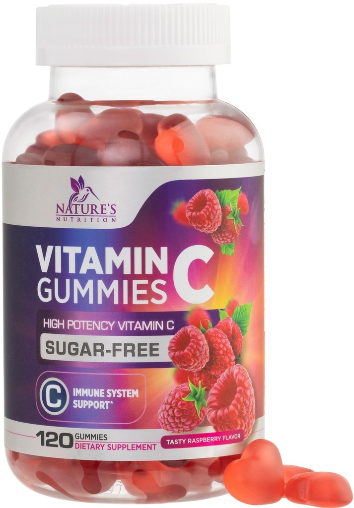 Şeker Ücretsiz Vitamin C Gummies - Immune Support & Antioksi VitaminC Diyeter Supplement - Vegan, Non-GMO, Süt & Gluten Free C Vitamin Gummy - Raspberry Flavor for Kids & Yetişkinler - 120 Kont Gummies