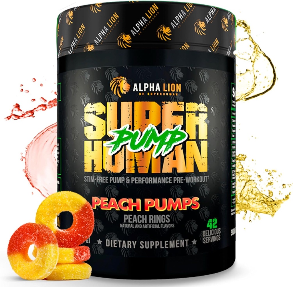 ALPHA LION Superhuman Pump Pre Workout Toz, Nootropic Caffeine & Stim Free Preworkout Supplement, Nitrik Oksit, Kas Winer, Enerji & Focus (42 Hizmetler, Peach Pumps Flavor)