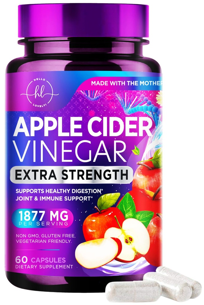 Κάψουλες μηλίτη μήλου 1877mg - Extra Strength ACV Χάπια με βιταμίνη D3 & ψευδάργυρο - Apple Vinegar Pills συμπλήρωμα για την πέψη, την ενέργεια και την ανοσοποιητική υποστήριξη, μη GMO, Εμφιαλωμένο στις ΗΠΑ - 60 κάψουλες