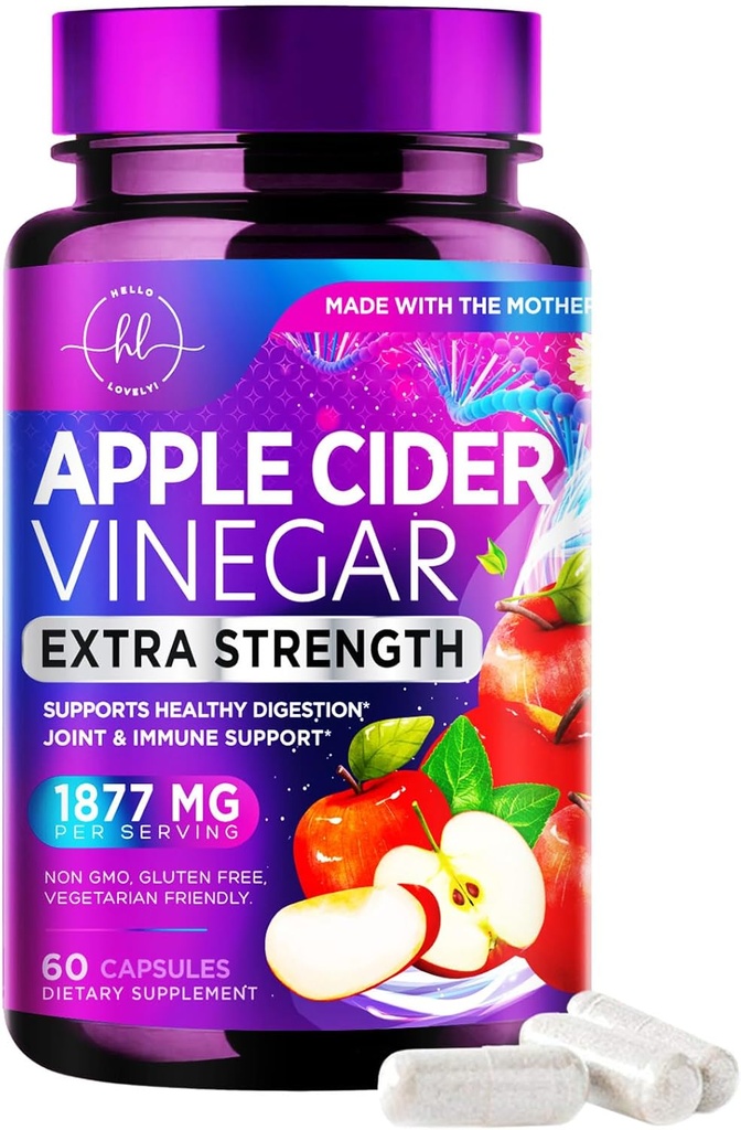 Apple Cider Vinegar Capsules 1877 mg - Ekstra Kuvvet ACV Vitamin D3 & çinko ile piller - Apple Vinegar Pills Supplement for Digestion, Energy & Immune Support, Non-GMO, Şişed in USA - 60 Capsules