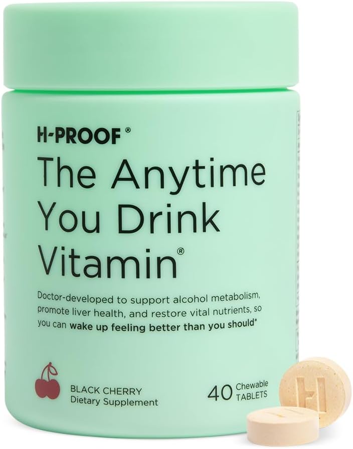H-PROOF Η ανά πάσα στιγμή Πίνετε Βιταμίνη, Ηπατική Υγεία & Ανοσία Υποστήριξη με Ηλεκτρολύτες, Γαϊδουράγκαθο Γάλα, και Βιταμίνες B & C - 40 Μασώμενα Δισκία (20 Σερβιέτες), Vegan, Black Cherry