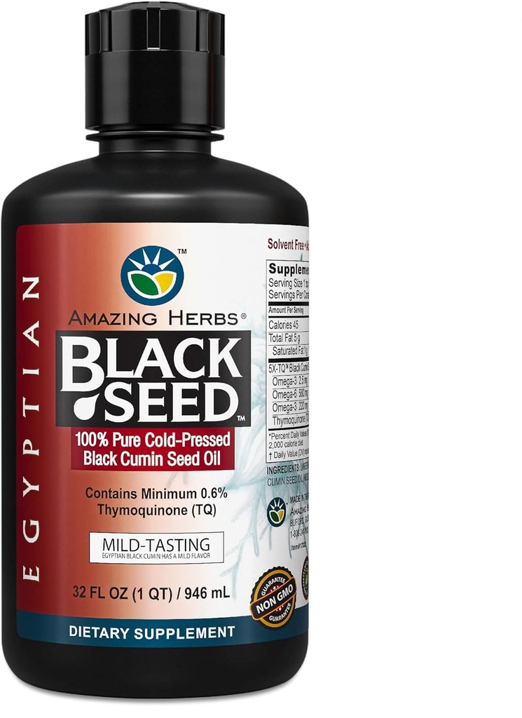 Amazing Herbs Egypt Black Seed Oil - Gluten Free, Non GMO, Cold Pressed Nigella Sativa Aids in Digestive Health, Immune Support, Brain Function, Mild Flavor - 32 Fl Oz Oz Oz
