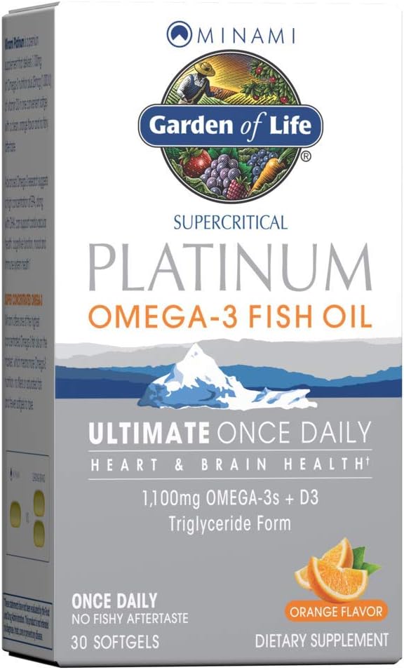 Κήπος της ζωής Minami Supercritive Platinum Omega 3 συμπλήρωμα ιχθυελαίου - Πορτοκάλι, 30 Softgels, Ultimate Once Daily Fish Oil Omega 3 για την υγεία της καρδιάς & του εγκεφάλου, 1100mg Omega-3s + 1.000 IU βιταμίνη D3