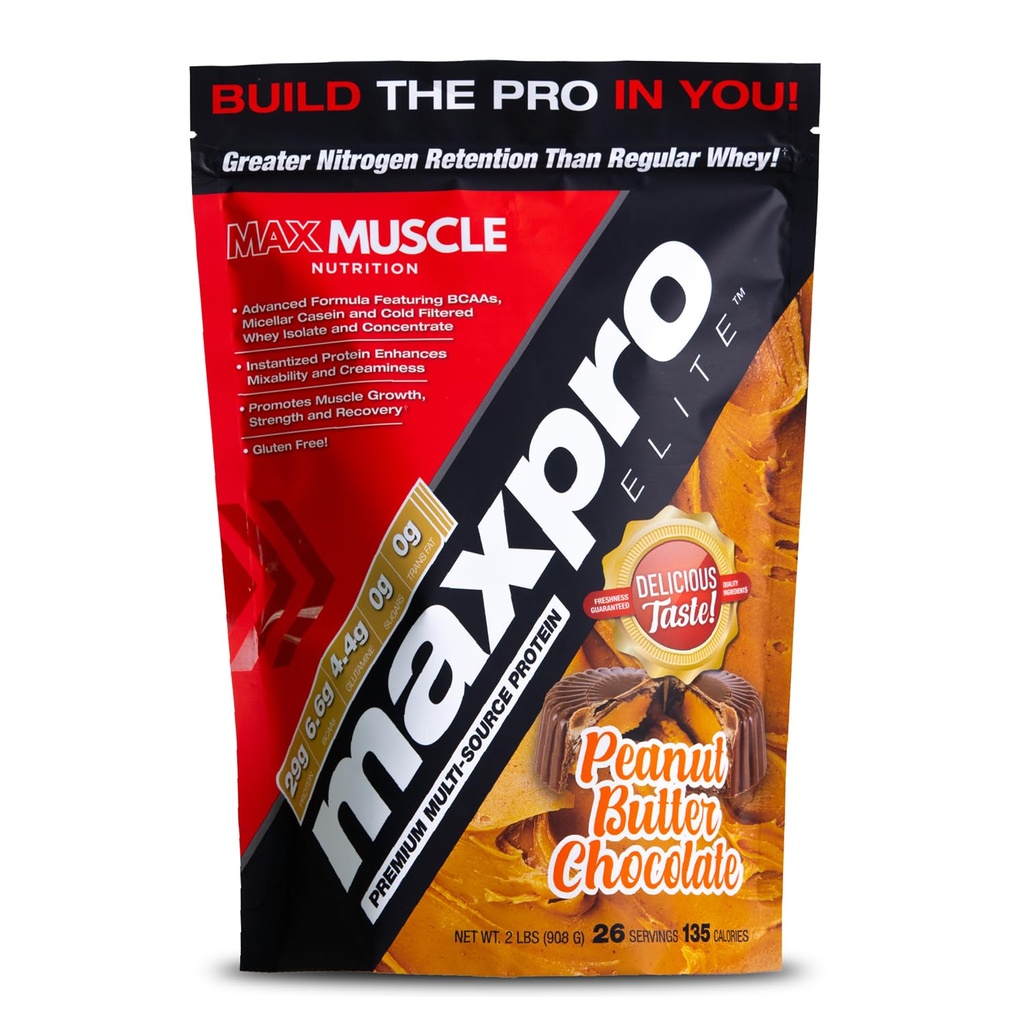 Max Muscle Maxpro Elite Whey Protein Toz | 30g protein | 0g Sugar | 6.6g BCAAs | Micellar Casein Cold Filtered Whey Isolate Protein | Kar Büyüme ve Kurtarma (PB Chocolate, 2lb)