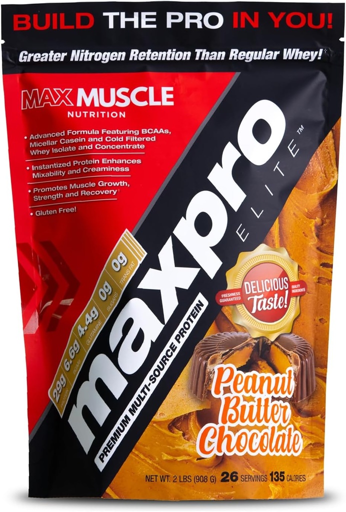 Max Muscle Maxpro Elite Whey Protein Toz | 30g protein | 0g Sugar | 6.6g BCAAs | Micellar Casein Cold Filtered Whey Isolate Protein | Kar Büyüme ve Kurtarma (PB Chocolate, 2lb)
