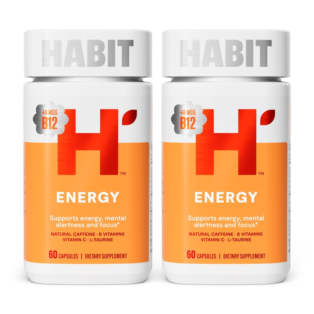Habit Energy Supplement 2 Pack (120 Capsules) - Yeni Bak, Enerji, Ruh Uyarısı ve Odak, Doğal Caffeine, Vitaminler B & C, Green Tea Extract, Vegan, Non-GMOB