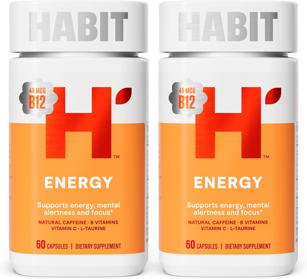 Habit Energy Supplement 2 Pack (120 Capsules) - Yeni Bak, Enerji, Ruh Uyarısı ve Odak, Doğal Caffeine, Vitaminler B & C, Green Tea Extract, Vegan, Non-GMOB